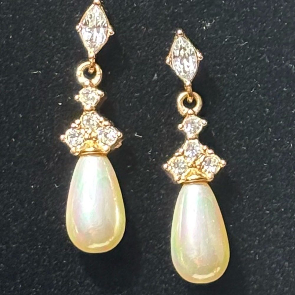 Gold Tone Faux Pearl Crystal Drop Pierced Earrings